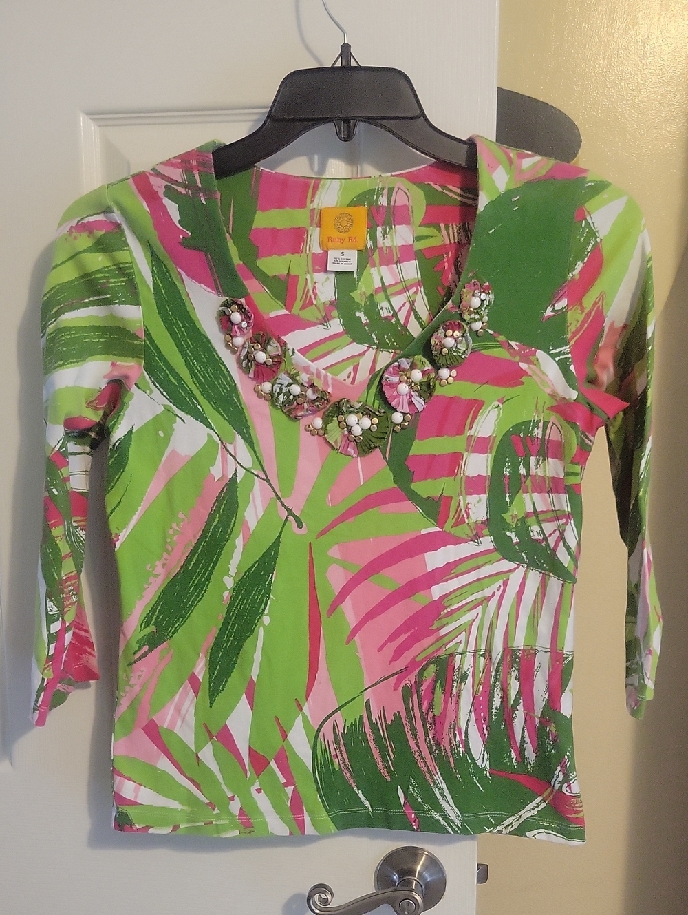 Ruby Rd szSm Pink & Green Palm-Print Jewel Lined Vneck Cotton Neck Tunic Top